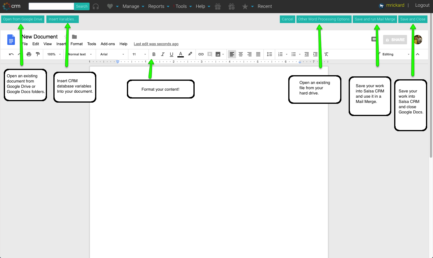 Document Editor Create a New Document Using Google Docs Salsa